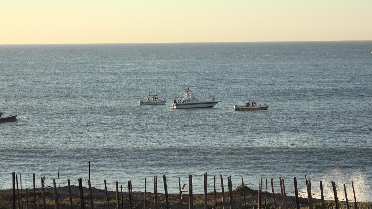 At 0:01, the Grand Junction, Colorado clip holds on the boats farther out on blue-green water, with the fence and low surf still visible and no visible people.