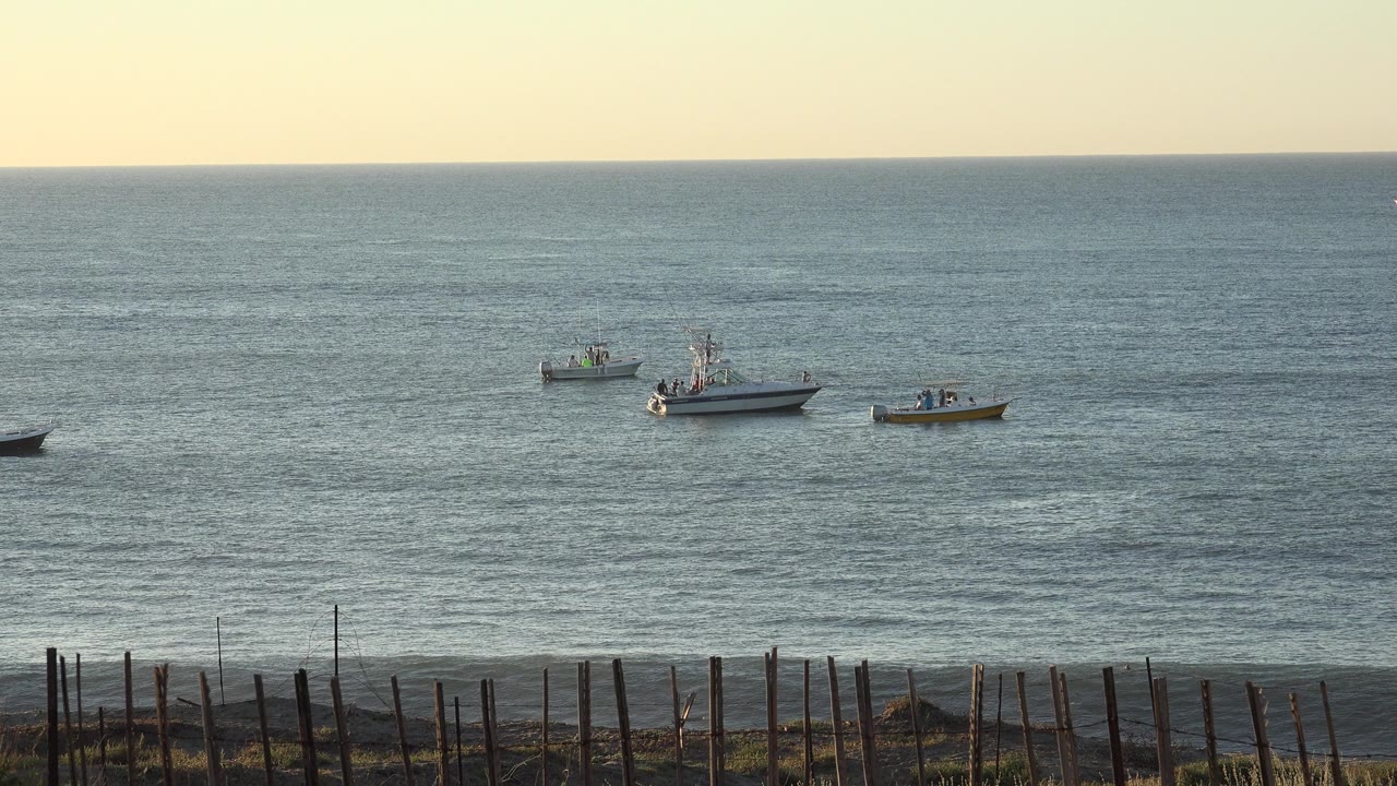 Small boats offshore with shoreline stakes in the foreground.