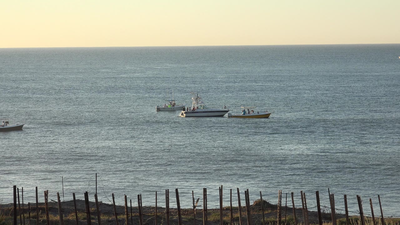 At 0:01, the boats remain grouped in the midground on blue-gray water in Grand Junction, Colorado, while uneven fence posts frame the lower edge and people remain tiny in view.
