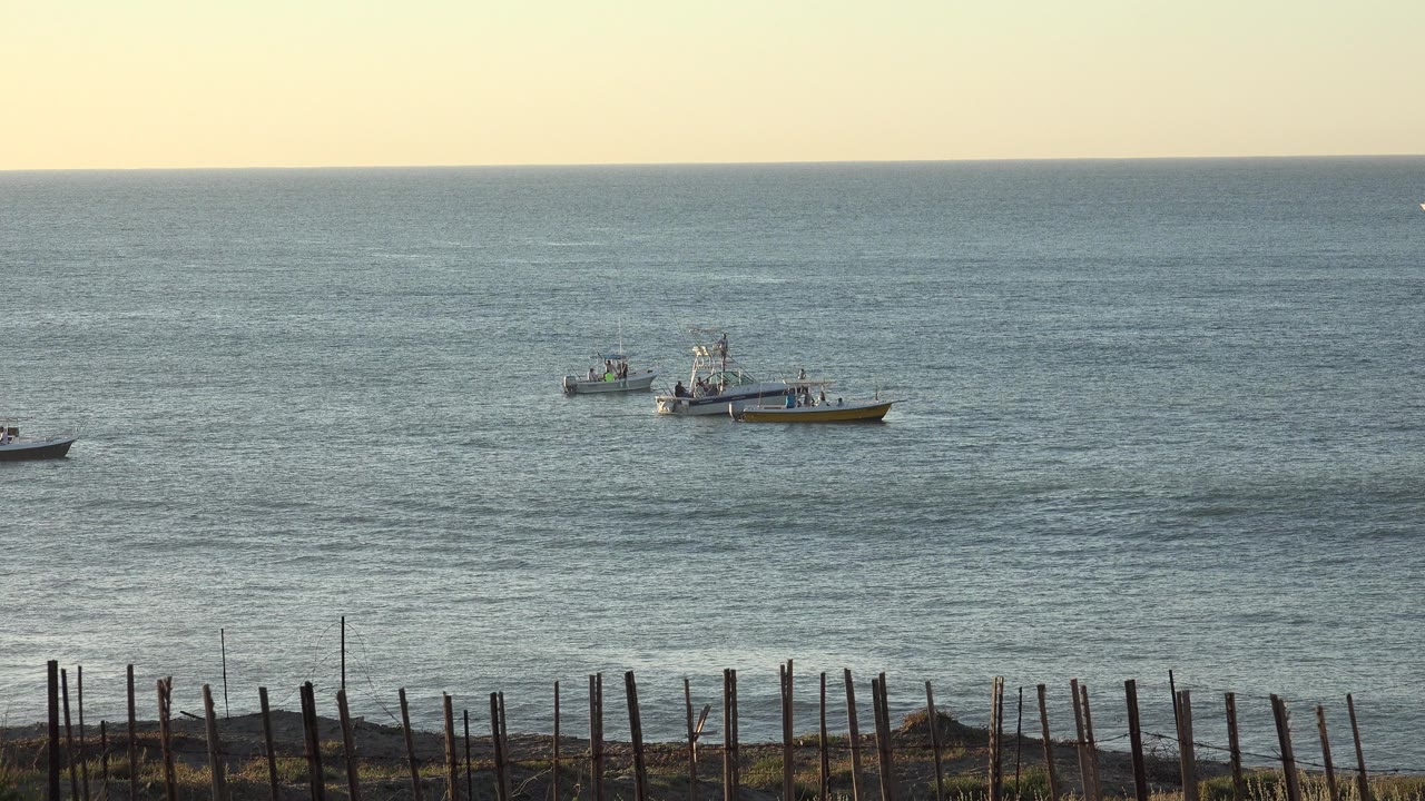 Distant boats on open water with foreground posts