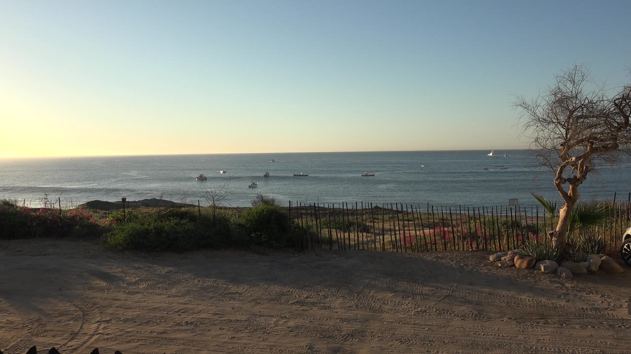 Wide water view with dirt foreground, fence, shrubs, leafless tree, and distant boats.