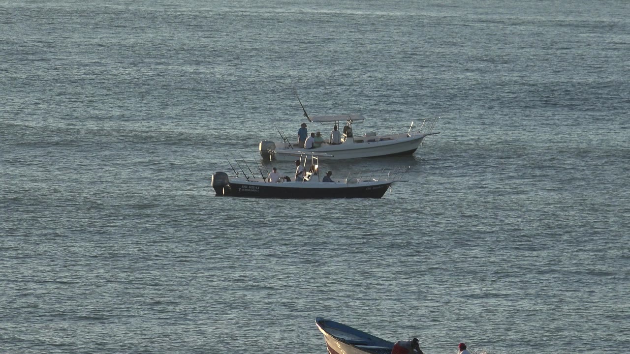 Small boats and swimmers on open water
