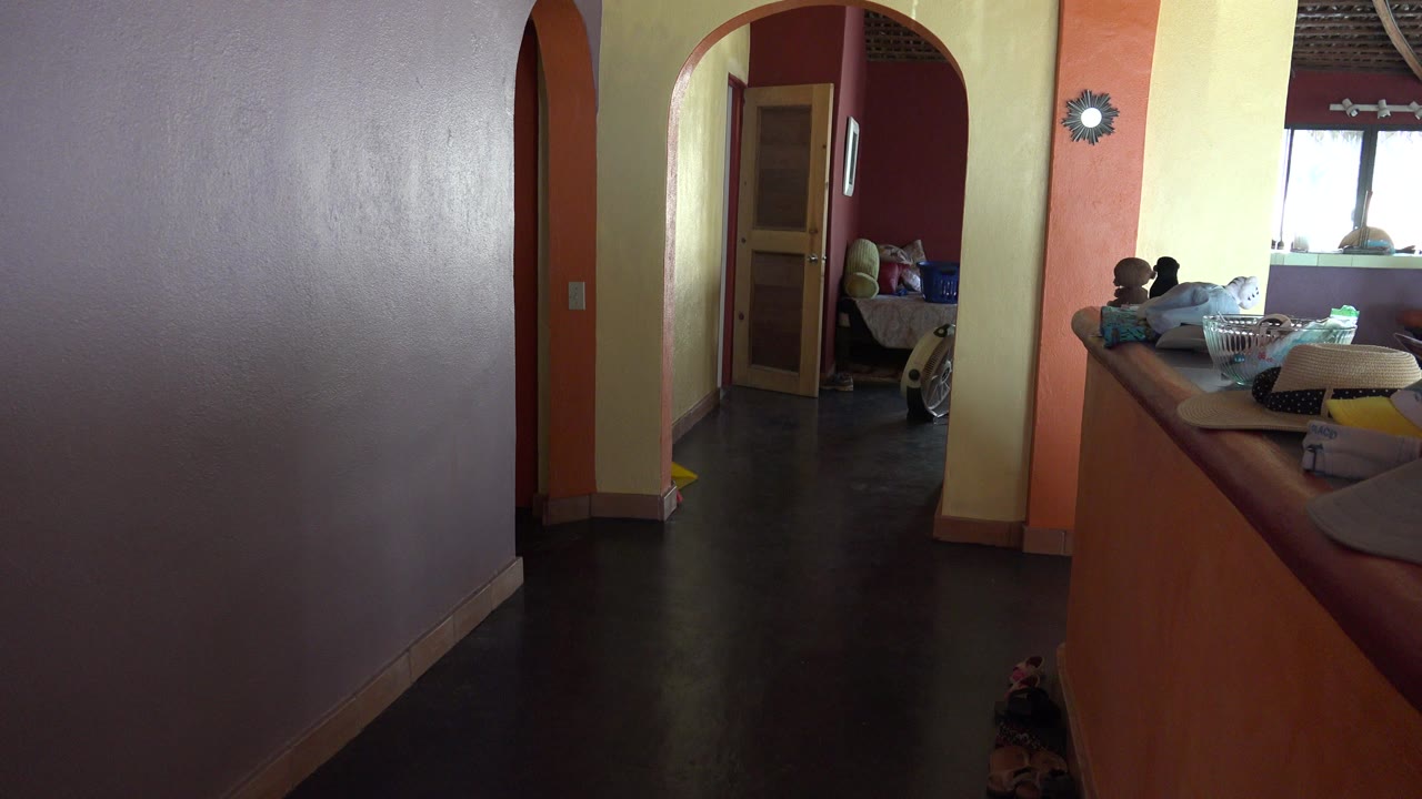 Arched home hallway with cluttered tabletop and seated people in the background.