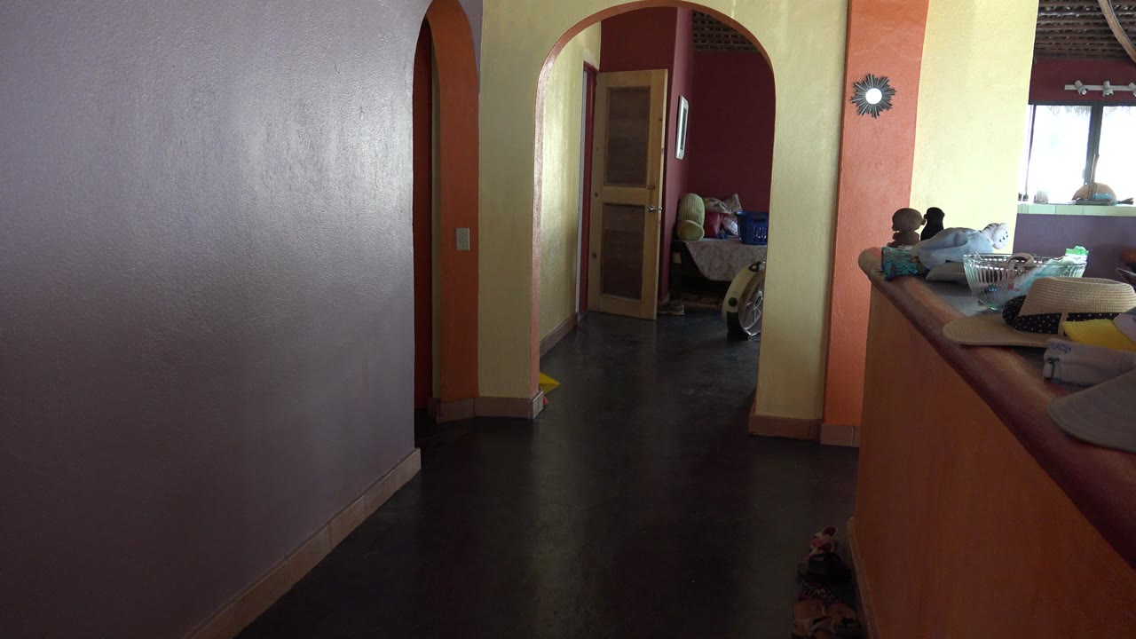 Wide hallway view into a warm living room with seated people in the background.