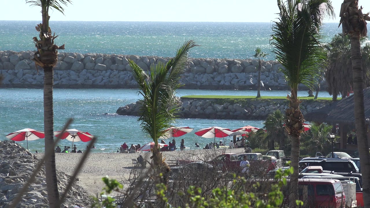 At 0:00, a Grand Junction, Colorado beach view shows foreground palm trunks, red and white umbrellas, distant people on sand, blue water, and layered rock barriers.
