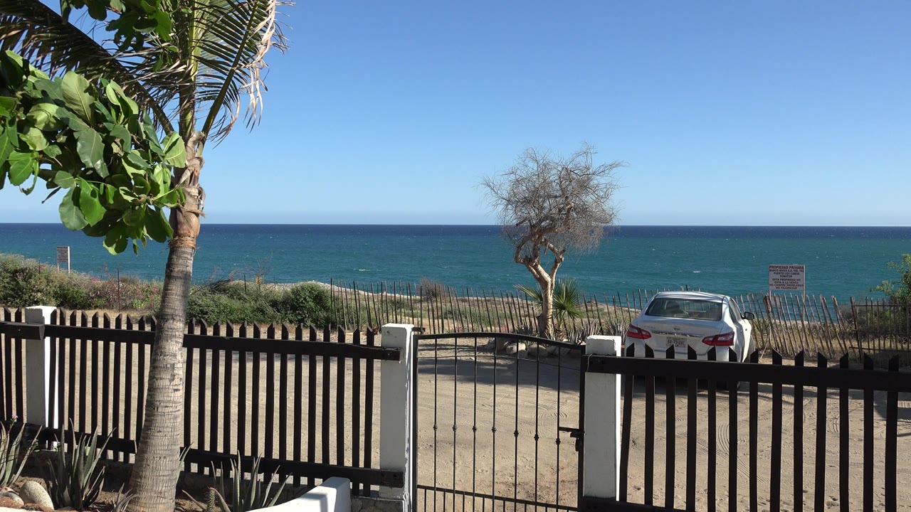 Beach access gate with palm leaves, parked car, and blue water beyond.
