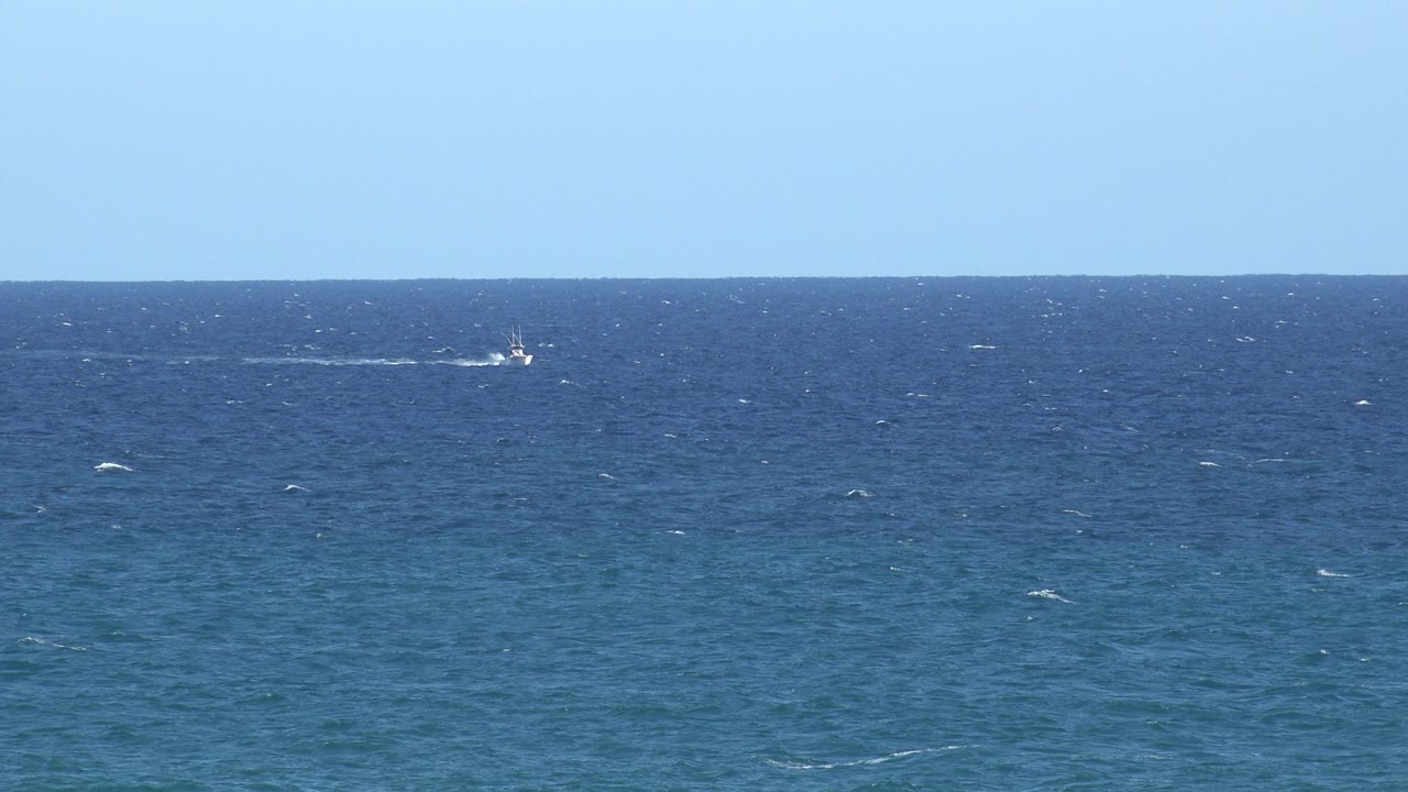 The white boat appears farther across the horizon line in the Grand Junction, Colorado clip, with textured blue water below and no visible people.
