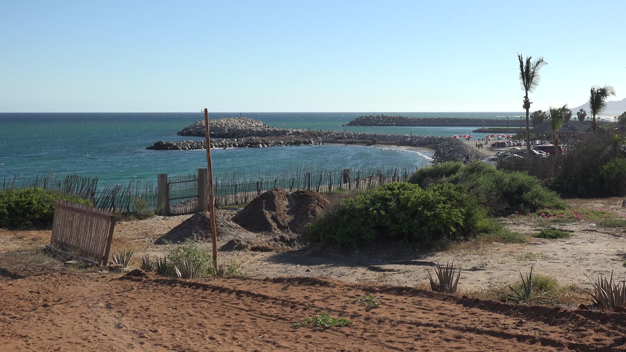 Grand Junction, Colorado shoreline view with the horizon steady, bright sand in front, shrubs and fencing at mid-frame, palms at right, and rock breakwaters across blue water.