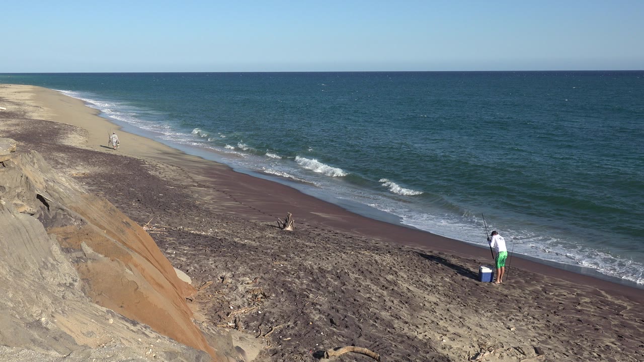 Person standing on a sandy beach beside waves
