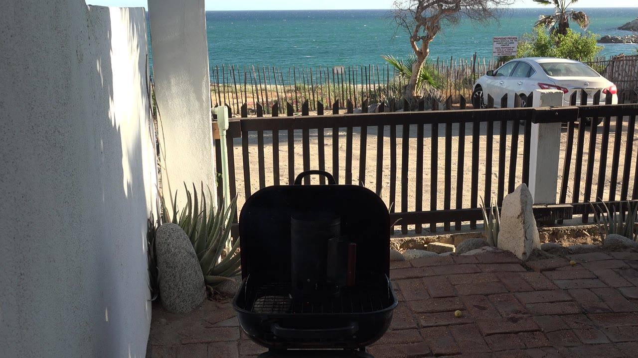 At 0:01, the shaded grill remains centered below the fence while the bright beach, white sedan, trees, and blue-green ocean sit beyond it in the Grand Junction Colorado United States clip, with no visible people.