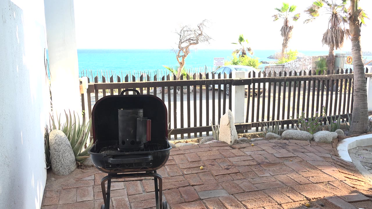 Opening frame of the Grand Junction Colorado clip shows a black patio grill on brick pavers, white side walls, a dark fence, palm trees, and bright blue water beyond, with no visible people.