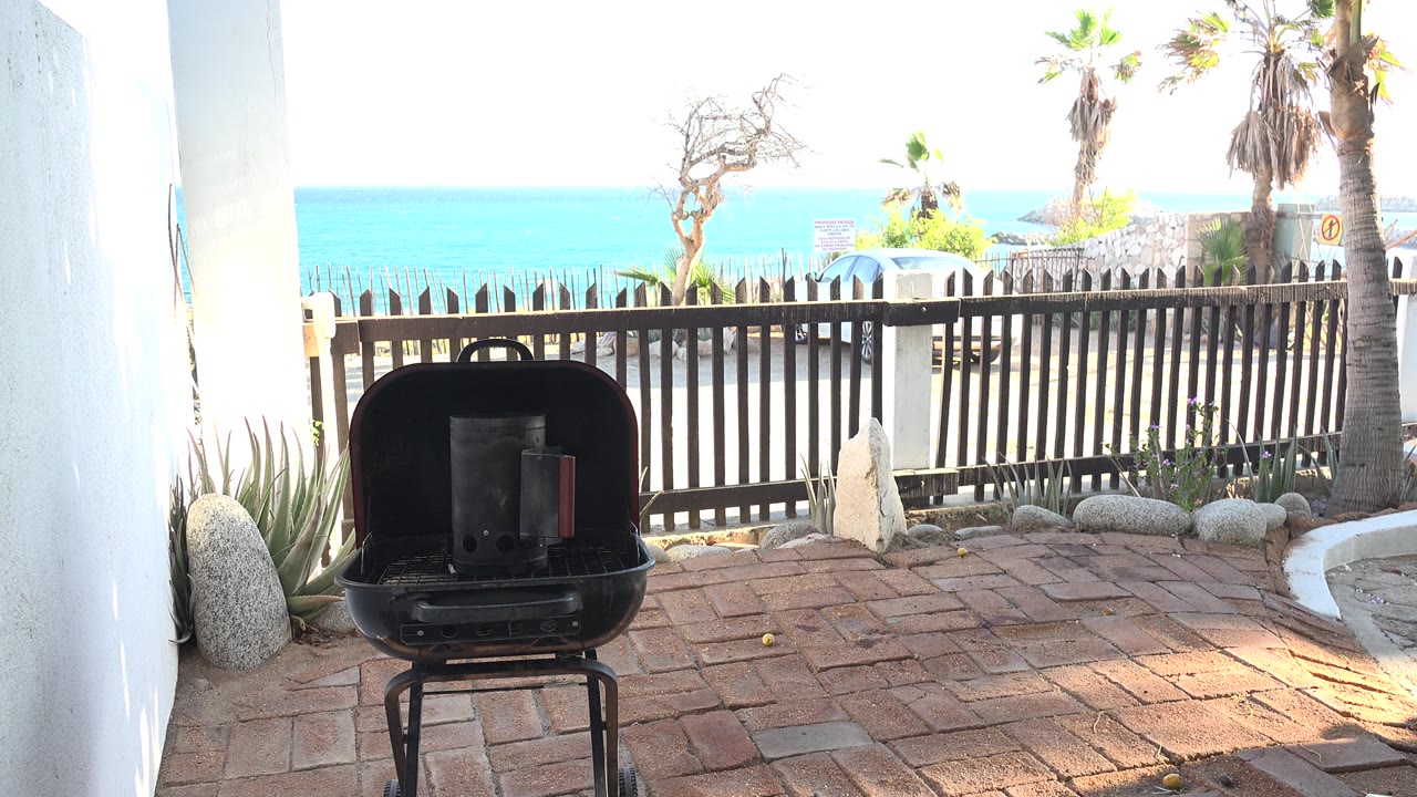 Black barbecue grill on a brick patio with fence and blue water beyond.