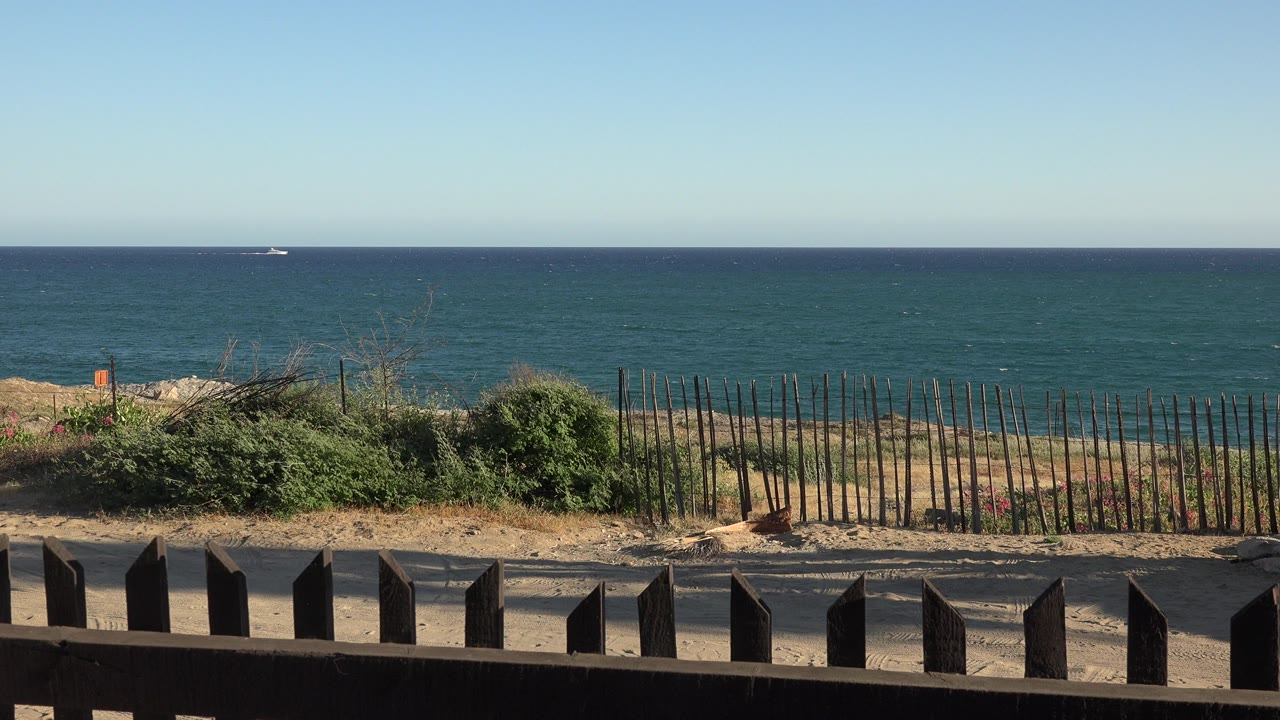 Blue water beyond shrubs and a foreground railing