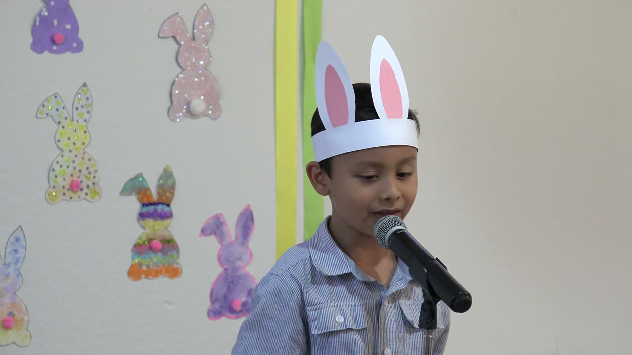 The child in bunny ears looks down toward the microphone in Cabo San Lucas, Mexico, with paper Easter rabbits and a green wall trim visible behind him.