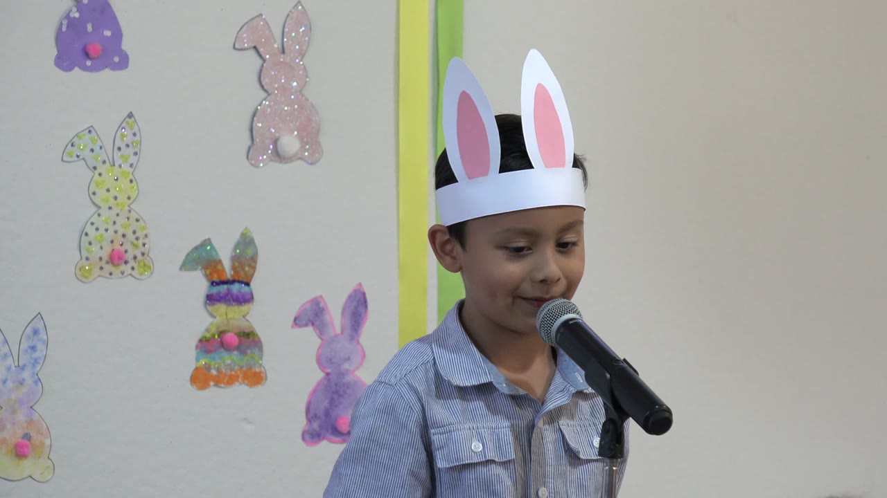 At 0:00 in Cabo San Lucas, Mexico, a child wearing white rabbit ears looks down beside a black microphone with pastel bunny wall decorations behind him.