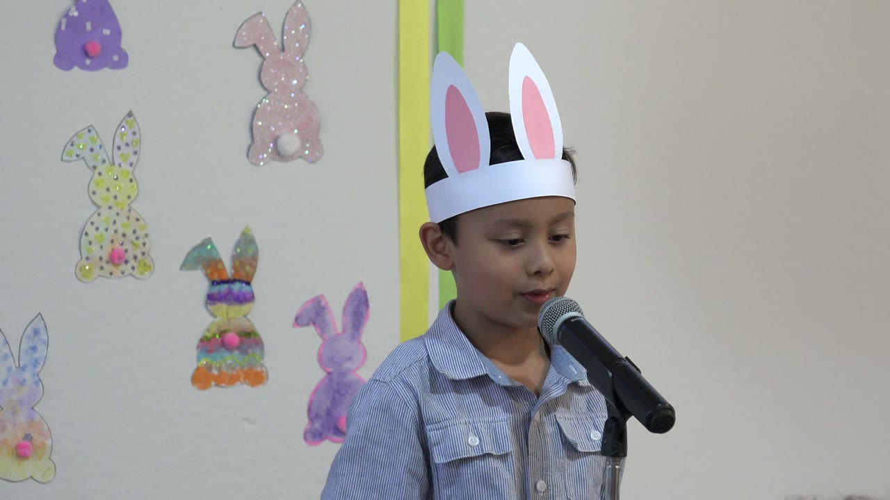At 0:01 in Cabo San Lucas, Mexico, the child faces slightly right toward the microphone, with handmade-looking bunny decorations spread across the wall.