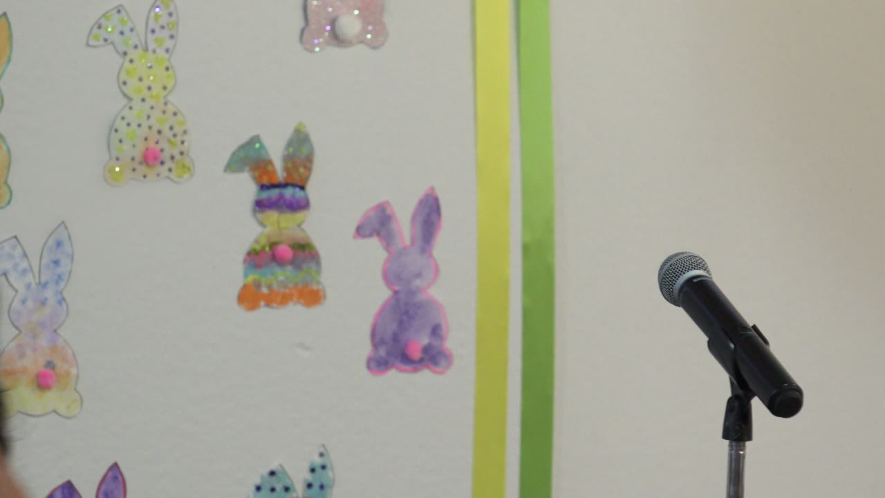 A microphone stands in front of a wall of handmade rabbit decorations in Cabo San Lucas, Mexico, with no visible people in this frame.