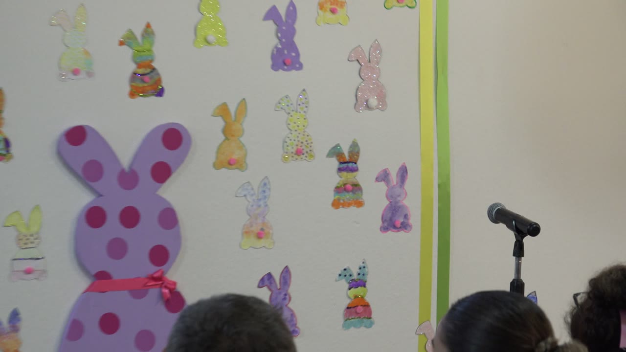 A Cabo San Lucas stage wall covered with colorful bunny decorations and a large pink bunny board, with a microphone stand in front and audience heads along the bottom edge.