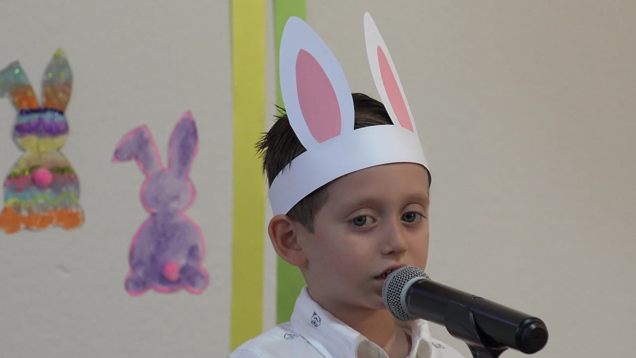 At 0:01, the boy remains in close view beside the microphone, with pastel rabbit cutouts and a vertical green wall strip visible behind him in Cabo San Lucas, Mexico.