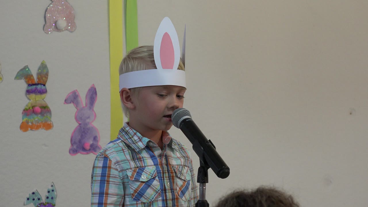 The boy in rabbit ears looks downward near the microphone, with colorful rabbit cutouts visible on the indoor wall in Cabo San Lucas, Mexico.