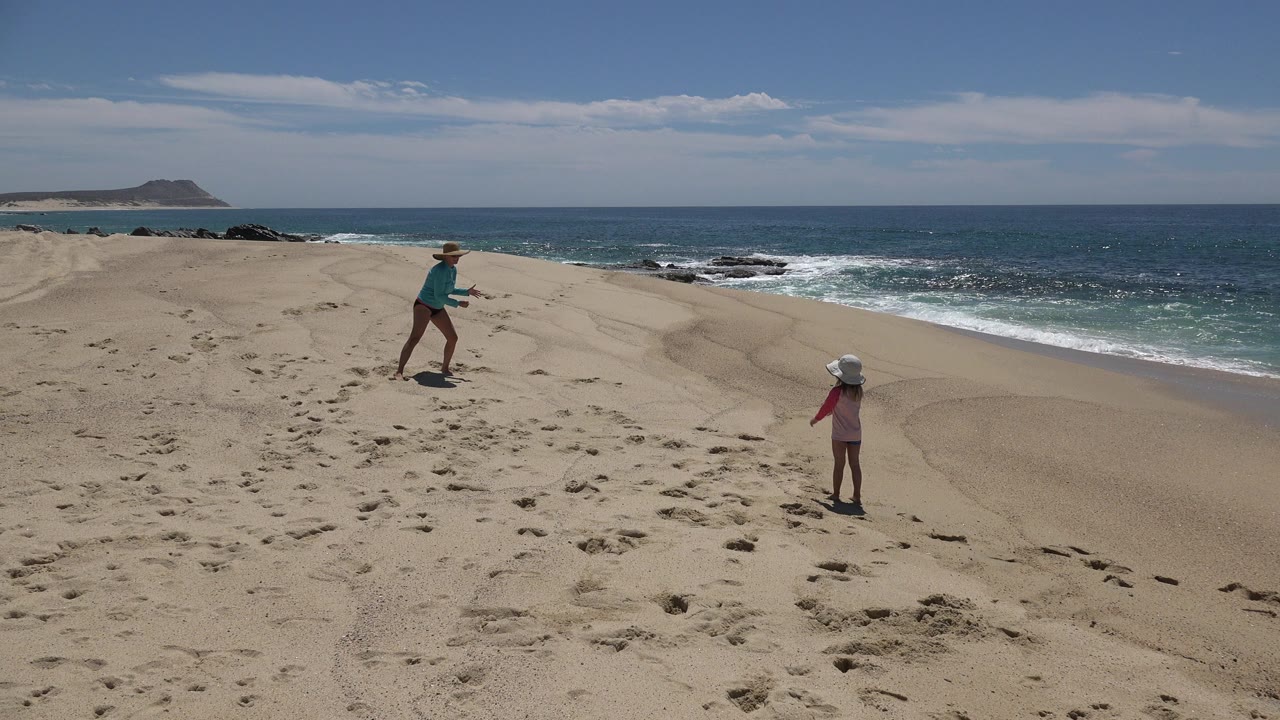 Woman and young girl on a sandy beach beside the ocean.