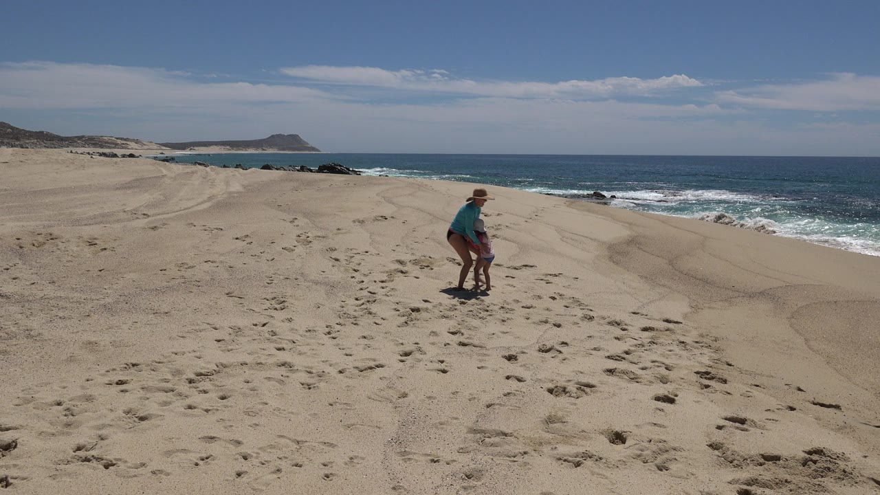 Woman and child playing on a sandy beach near the ocean.