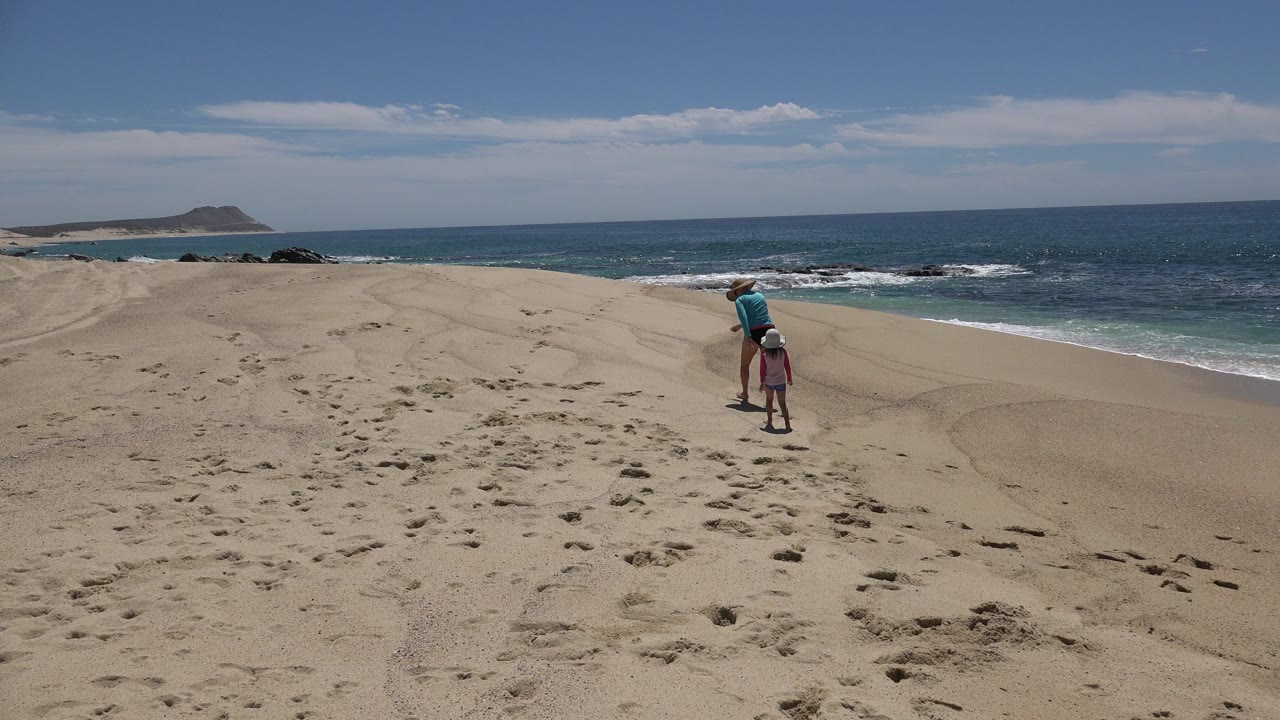 Adult and child on a sandy beach near blue ocean surf.