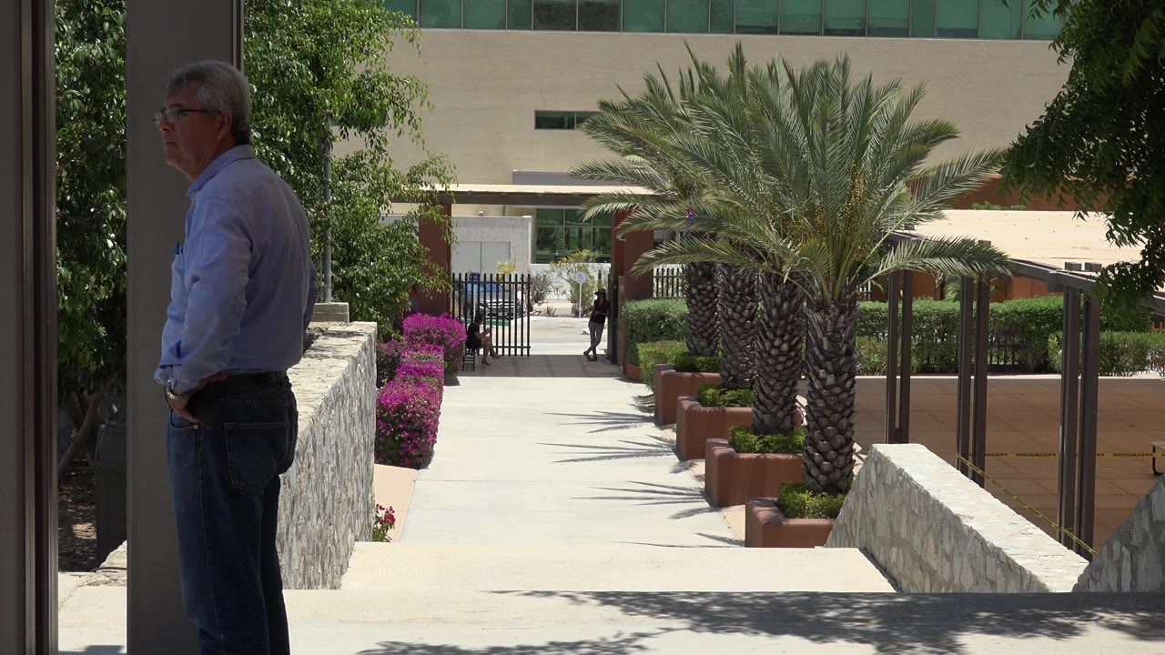 At 0:01, the man remains in the shaded left foreground of the Cabo San Lucas exterior, with the sunlit path, planter row, palm trunk, and building facade centered behind him.