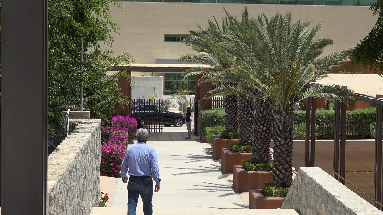 Older man near lower stairs as a car appears beyond the gate.