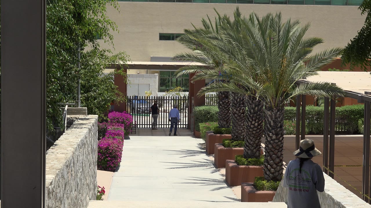 In Cabo San Lucas, Mexico, the woman in the straw hat continues along the walkway near the right wall while two distant people stand or walk near the black gate beyond the palm tree.