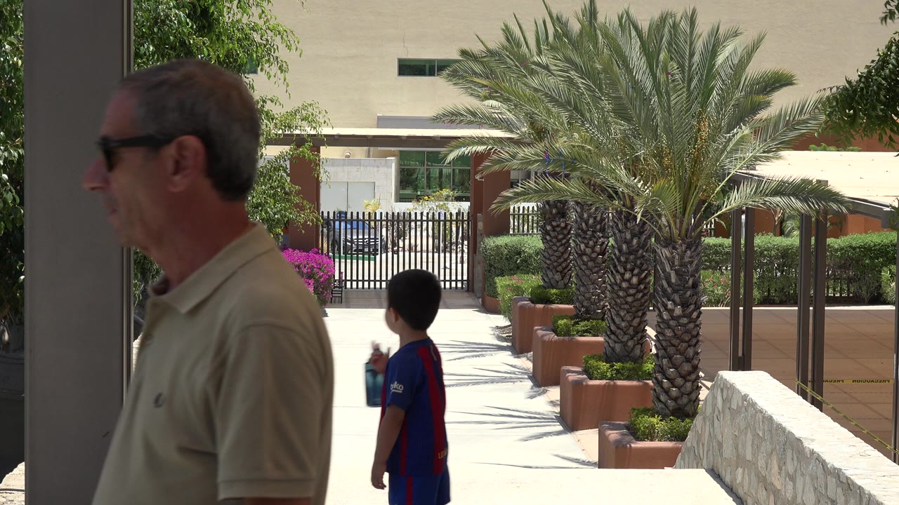 In Cabo San Lucas, the older man remains close to the left foreground as the boy stands in the midground near a sunlit path, palm tree, planters, and stone wall.
