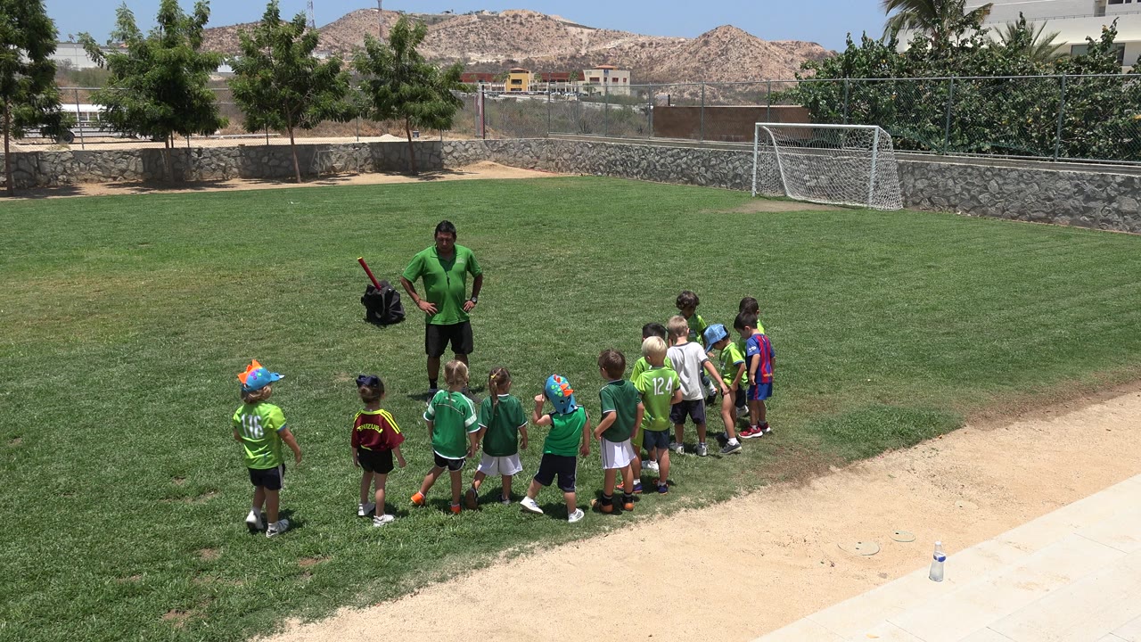 Children line up near an instructor on a green sports field.