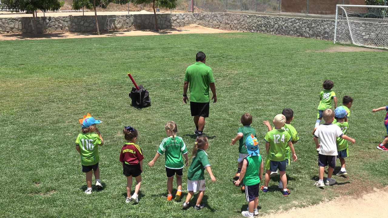 Children and a coach on a grassy soccer field near a goal.
