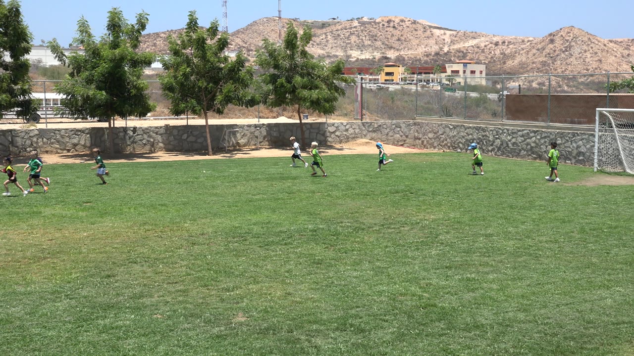 In Cabo San Lucas, children in green and dark shirts move across the grass while an adult watches near the soccer goal, with trees and hills in the background.