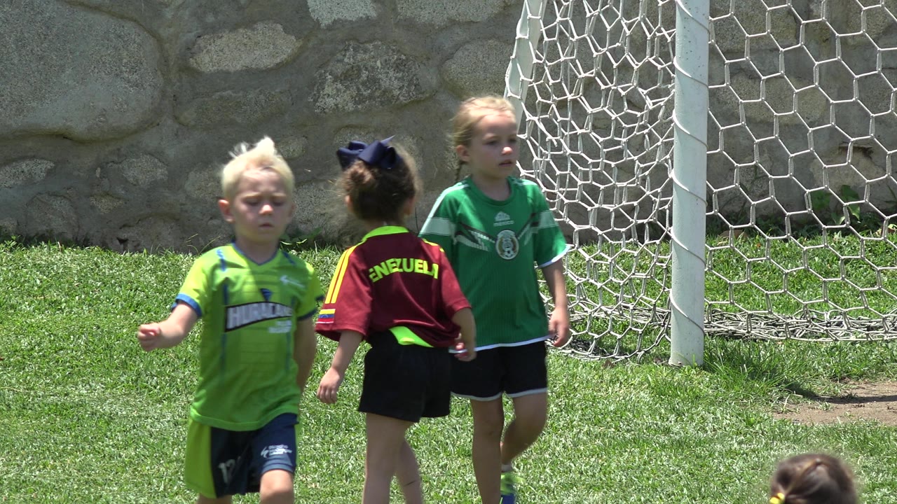 Children stand and turn near the soccer goal on a sunny field.