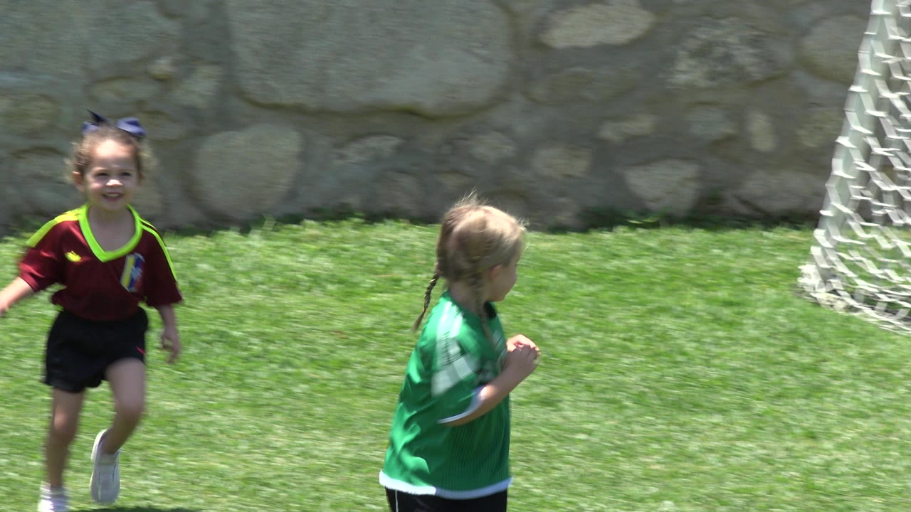 Two young children in soccer jerseys run on grass near a goal.