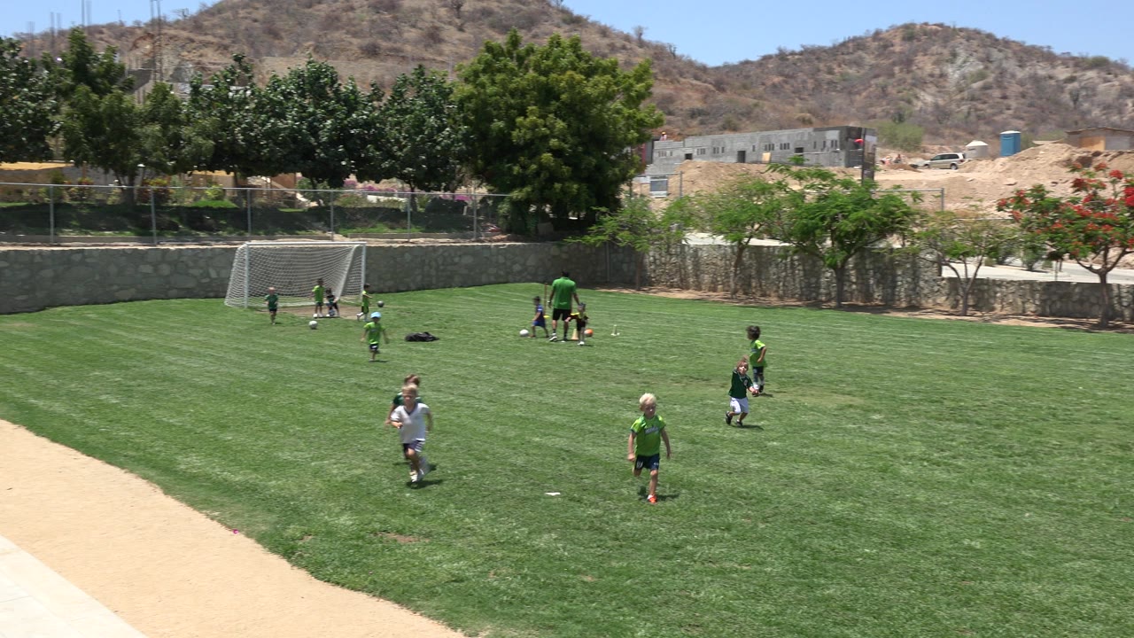 Children spread out across a sunny soccer field with hills behind them.