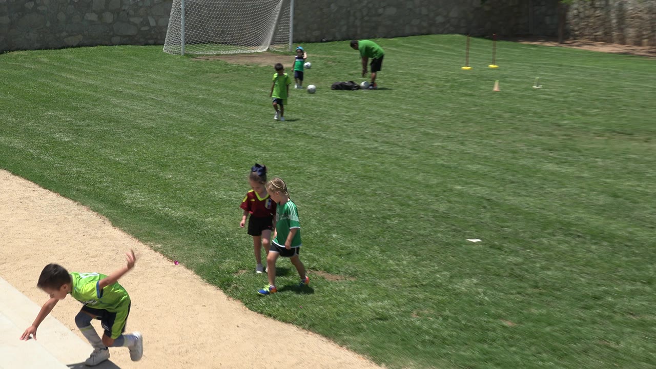 Children on a soccer field beside a dirt path with goals in the background.