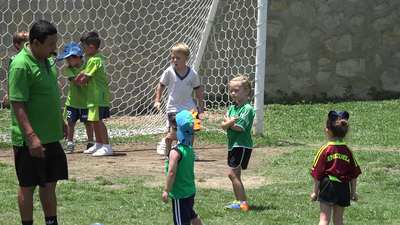 Children and an adult near a soccer goal on a sunny field.