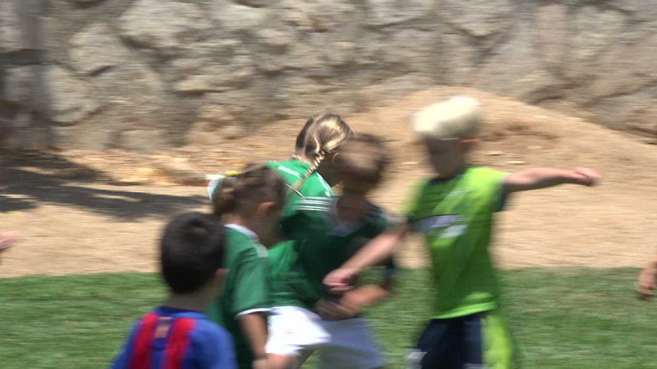 Children in soccer shirts cluster on a grassy field near a stone wall.