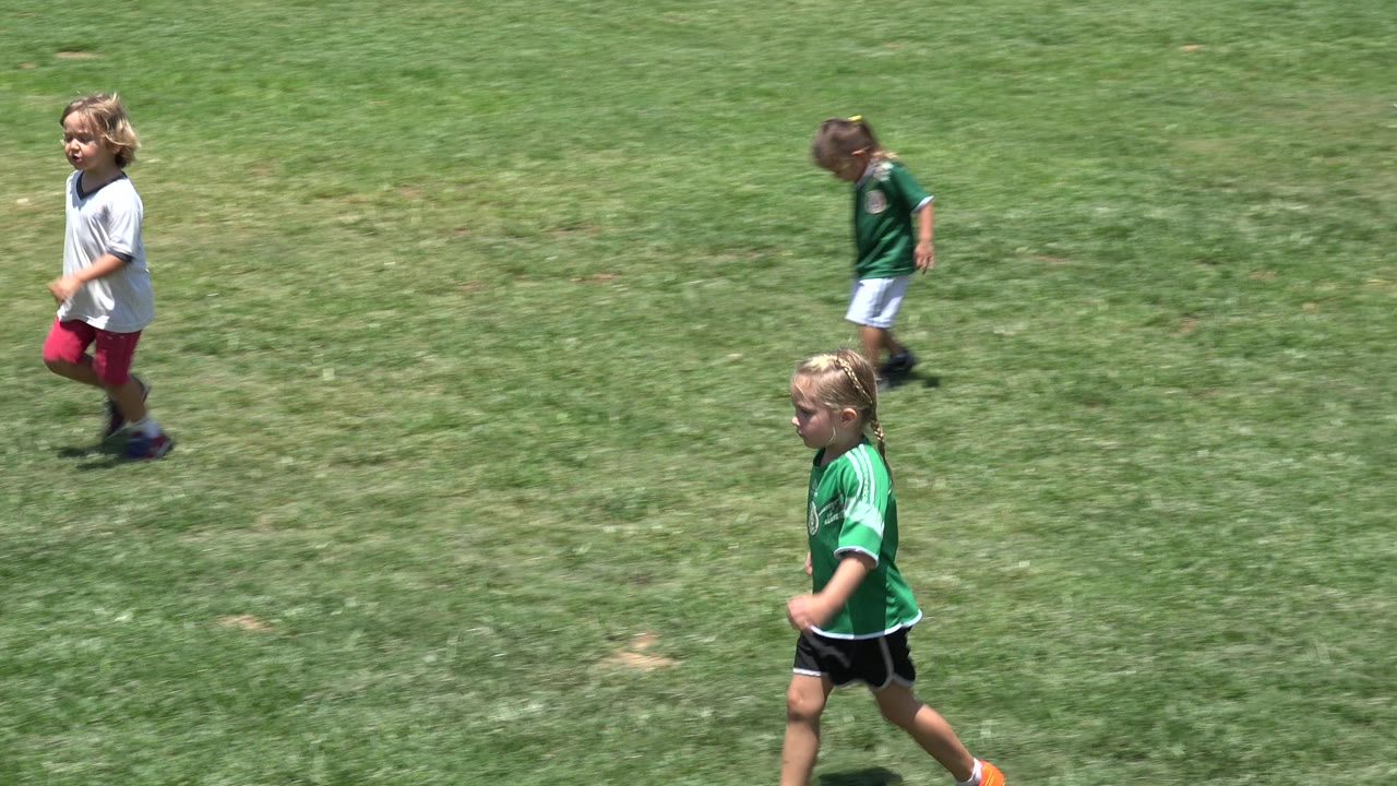 Children running on a sunny grass soccer field.