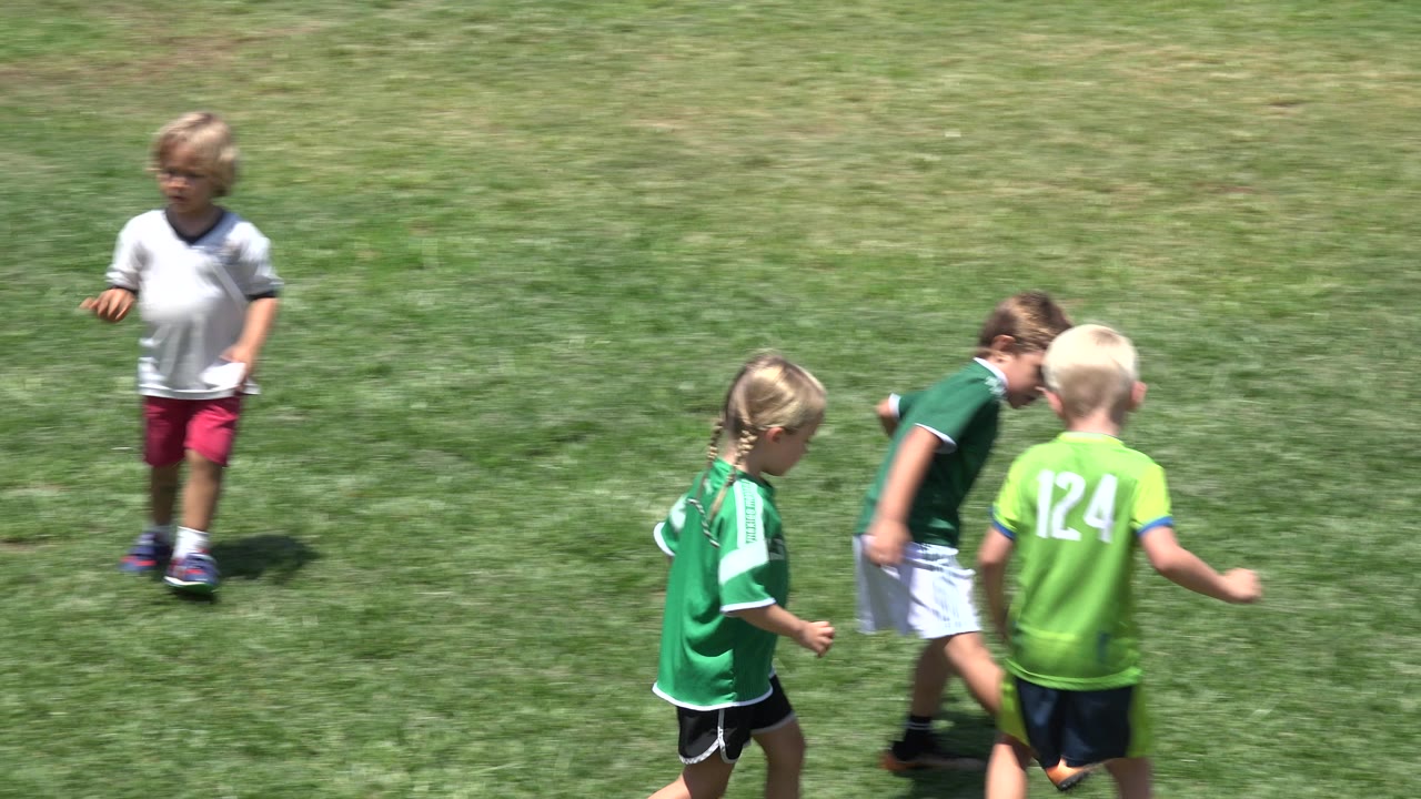 Young children in green shirts on a sunny grass field.