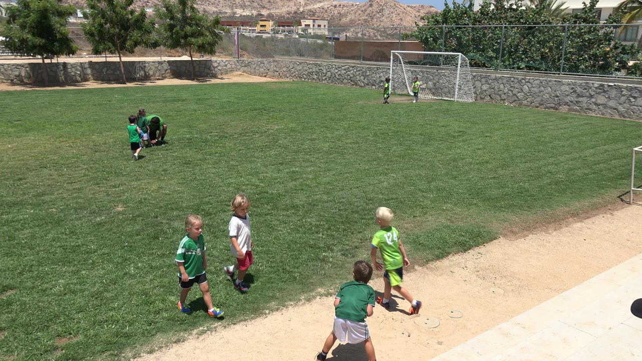 Children walk and run near the edge of a soccer field.