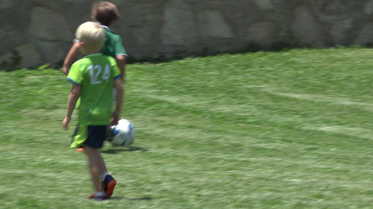 Children walking and running across a sunny soccer field.