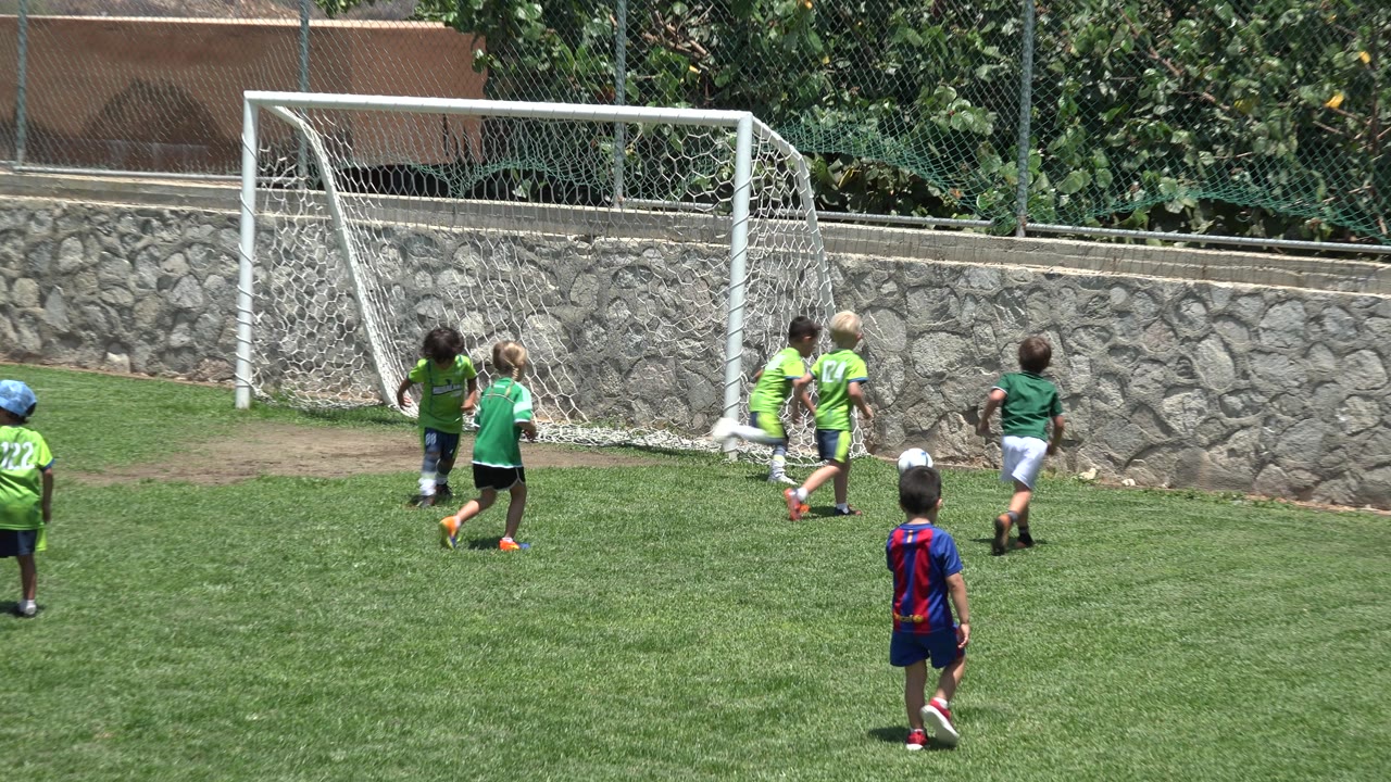 Children chase the soccer ball beside the goal.