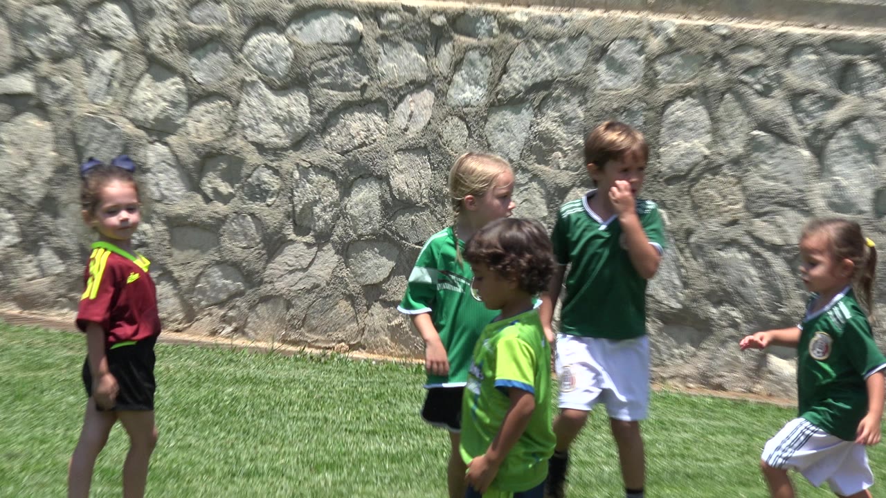 Children in soccer uniforms walk along a stone wall.