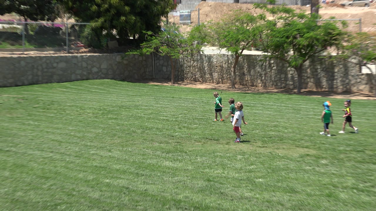 Wide mid-field frame of young children in green and white soccer shirts on a bright grass field in Cabo San Lucas, Mexico, with a wall and trees in the background.