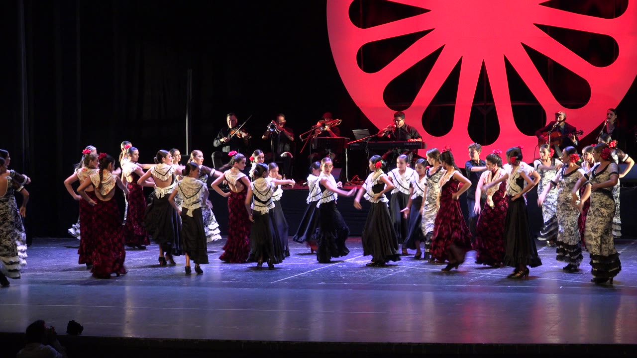 Large group of women dancing on a stage with musicians behind them.