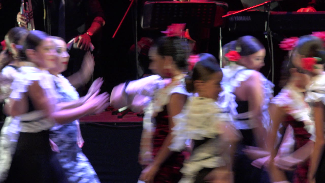 Several young dancers in red hair flowers pass close to the camera in Cabo San Lucas, Mexico, with blurred faces and arms from rapid movement under stage lights.