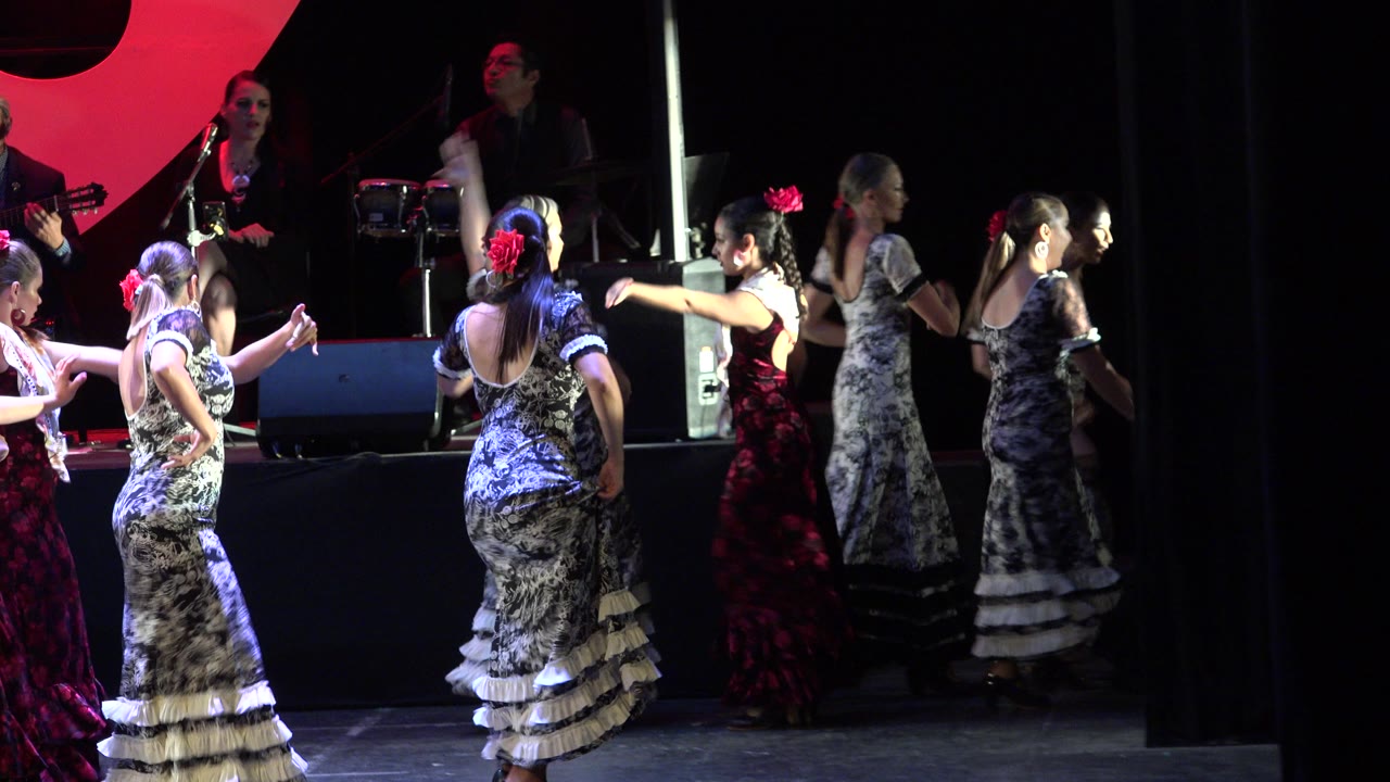 A line of adult women continues the stage dance in Cabo San Lucas, Mexico, with one dancer facing the camera, others turned sideways, and musicians partly lit behind them.